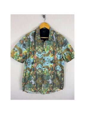 KR3W Mens Surrealist Graphic Print Button Down Shirt UFO Angel Multicolor  Men L